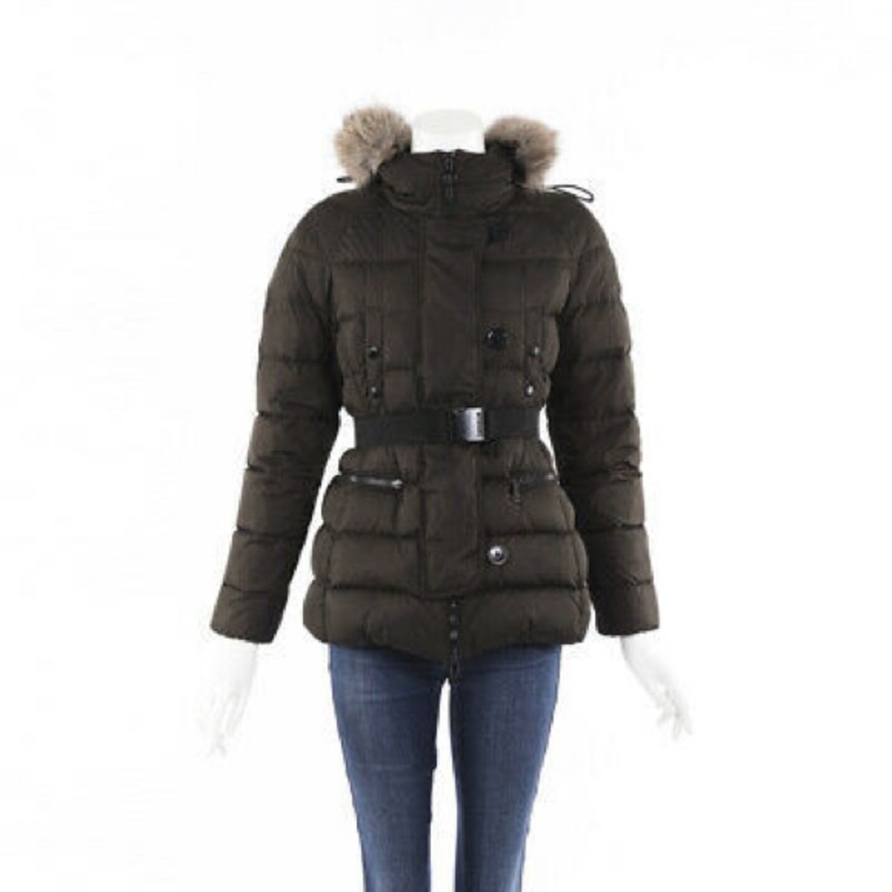 Moncler Genette Belted Puffer Jacket with a Fur Hood in Green/Khaki